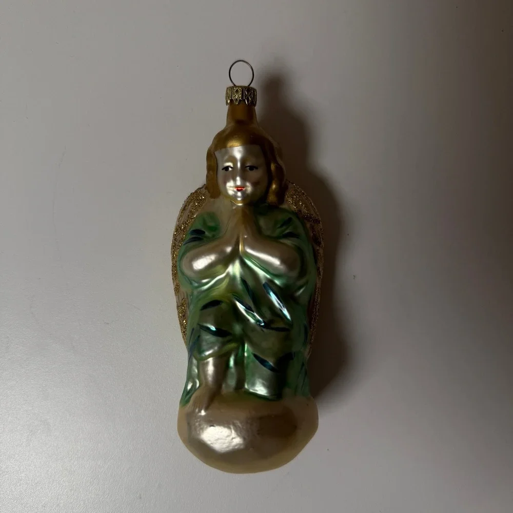 Praying Angel Glass Christmas Ornament Gold Green‎ Glitter Wings Vintage Style